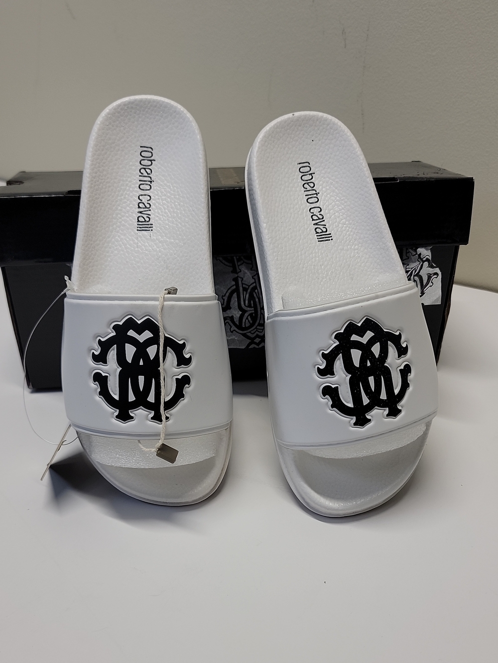 Roberto Cavalli White Logo Slide Sandals for Big Kid US 1.5 - 2 NEW IN BOX